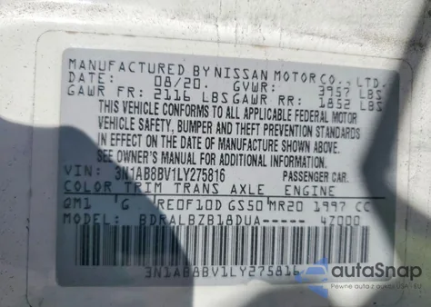 2020 Nissan Sentra S из США, поврежденный, VIN 3N1AB8BV1LY275816